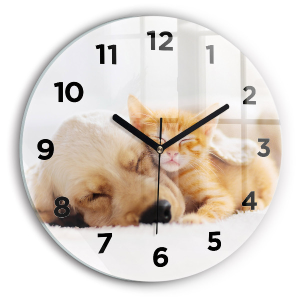 Round glass clock Sleeping cat and dog