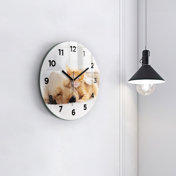 Round glass clock Sleeping cat and dog