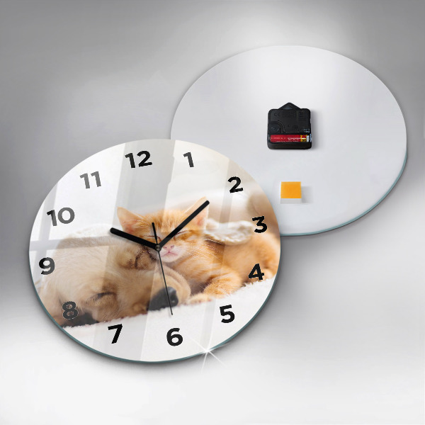Round glass clock Sleeping cat and dog