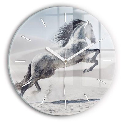 Round glass clock Galloping white horse