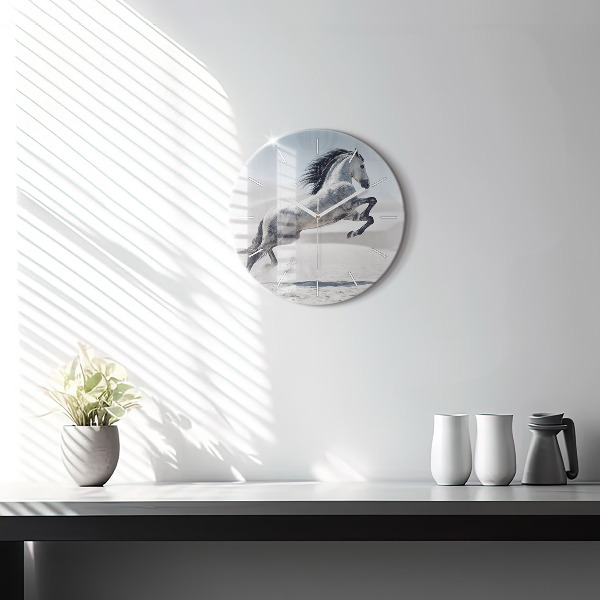 Round glass clock Galloping white horse