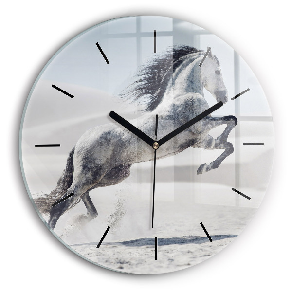 Round glass clock Galloping white horse