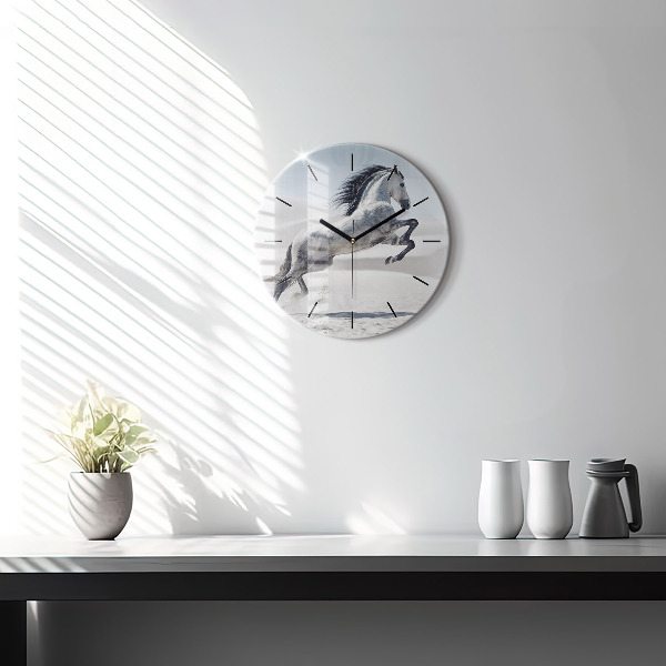 Round glass clock Galloping white horse