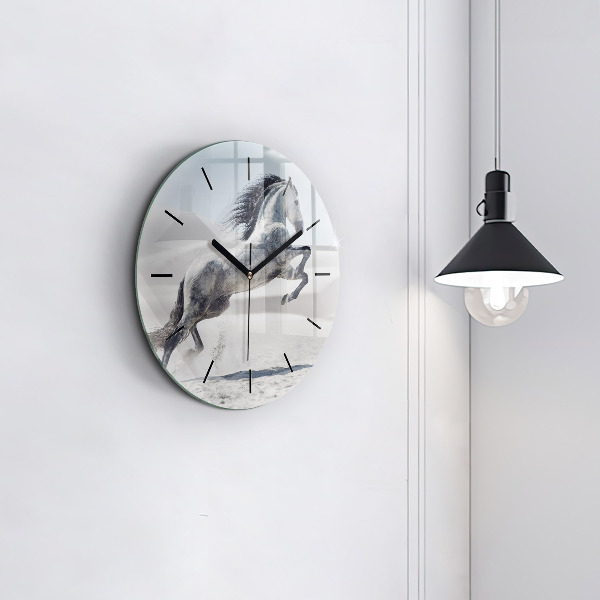 Round glass clock Galloping white horse