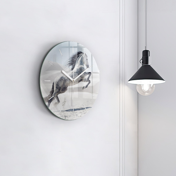 Round glass clock Galloping white horse