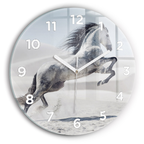 Round glass clock Galloping white horse