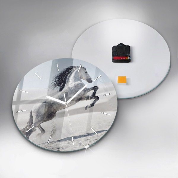 Round glass clock Galloping white horse