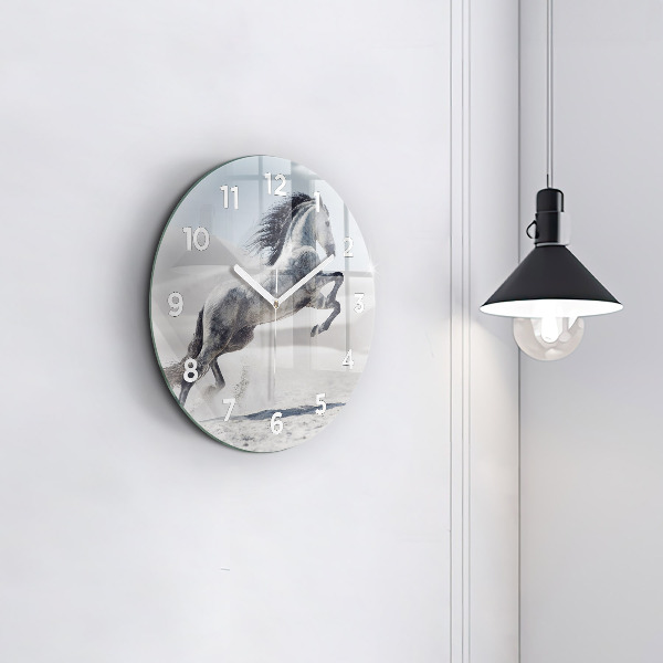 Round glass clock Galloping white horse