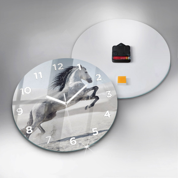 Round glass clock Galloping white horse