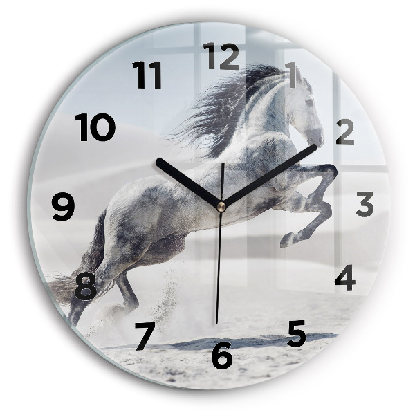 Round glass clock Galloping white horse