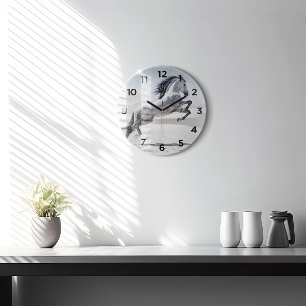 Round glass clock Galloping white horse