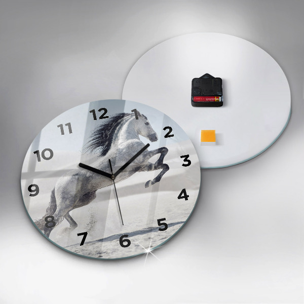Round glass clock Galloping white horse