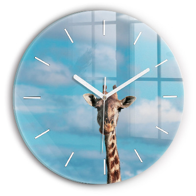 Round glass clock Giraffe head against the sky