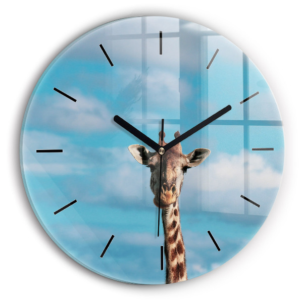 Round glass clock Giraffe head against the sky