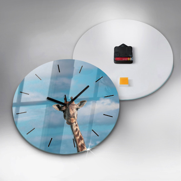 Round glass clock Giraffe head against the sky