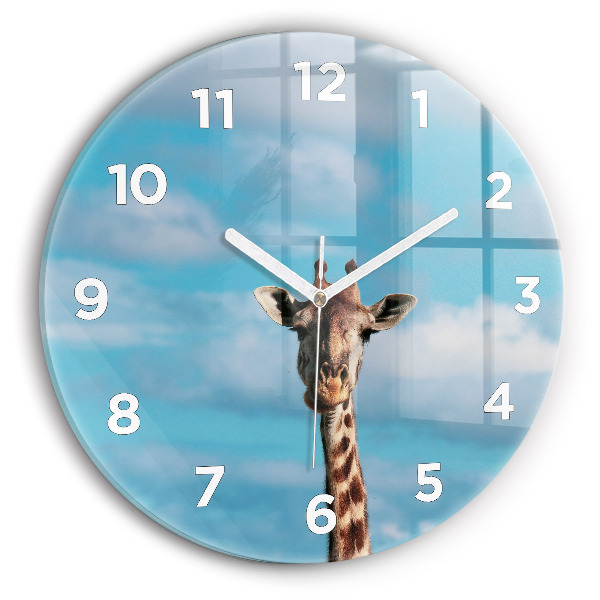 Round glass clock Giraffe head against the sky
