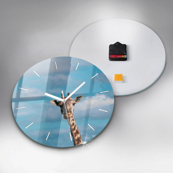 Round glass clock Giraffe head against the sky