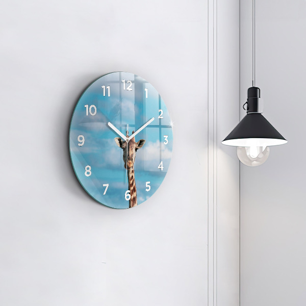 Round glass clock Giraffe head against the sky