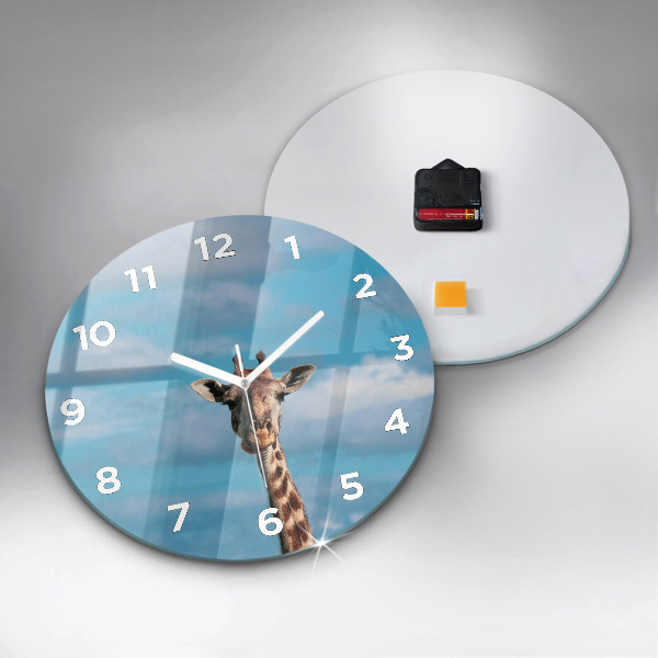 Round glass clock Giraffe head against the sky
