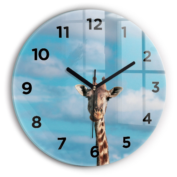 Round glass clock Giraffe head against the sky