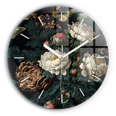 Round glass clock Flower and golden butterflies