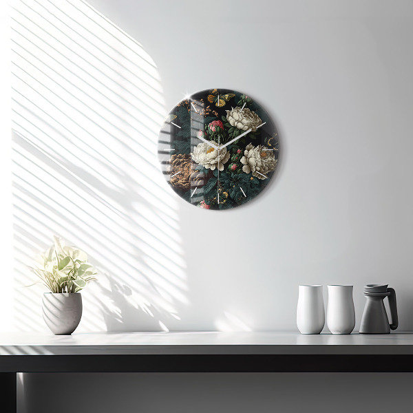 Round glass clock Flower and golden butterflies