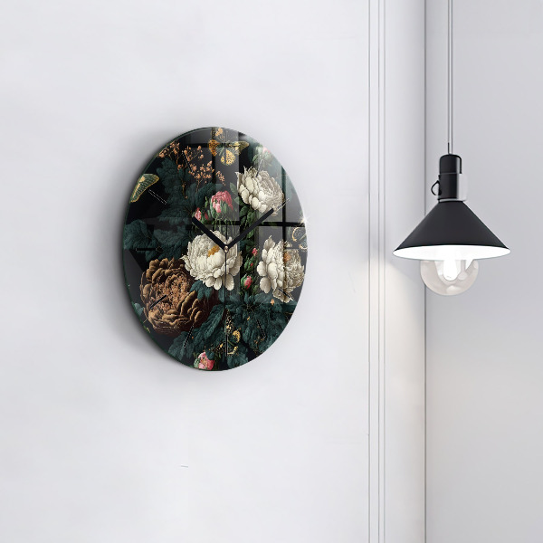 Round glass clock Flower and golden butterflies
