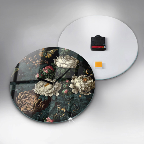 Round glass clock Flower and golden butterflies
