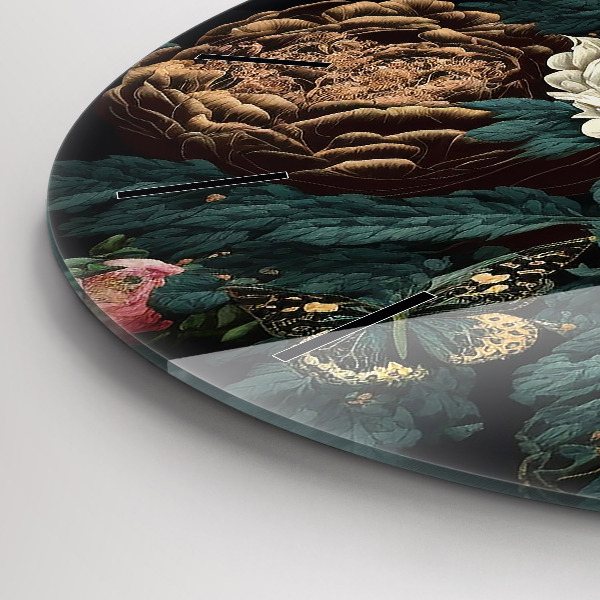 Round glass clock Flower and golden butterflies
