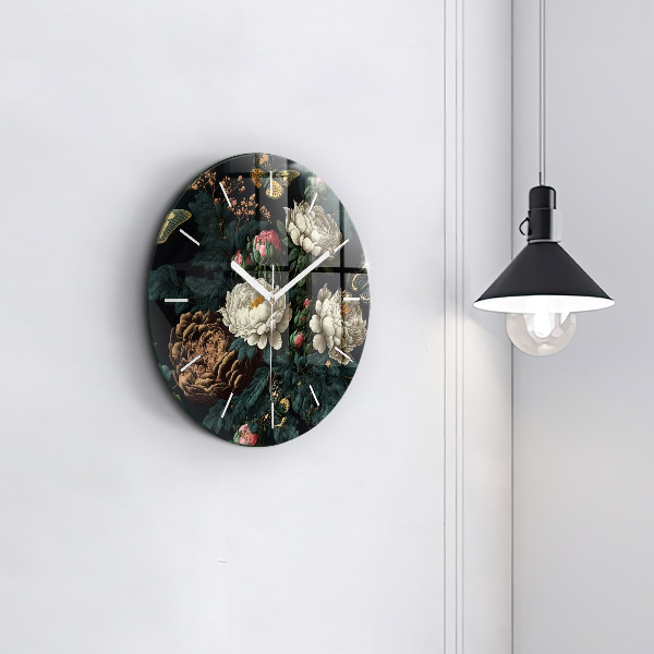 Round glass clock Flower and golden butterflies