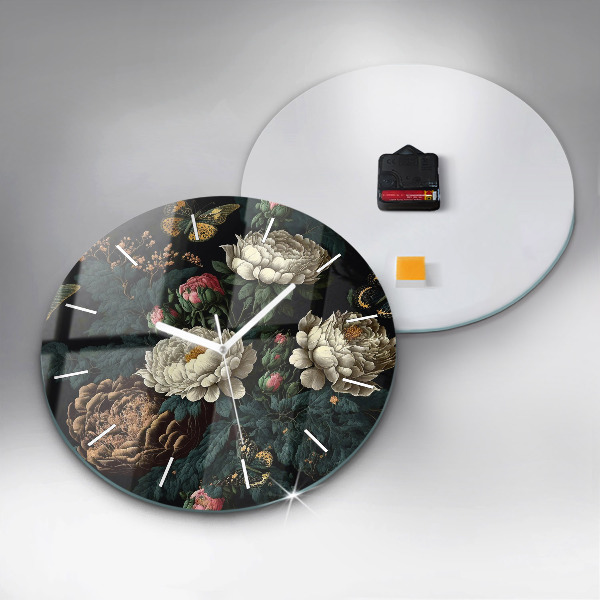 Round glass clock Flower and golden butterflies