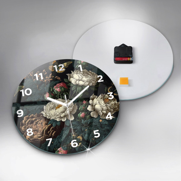 Round glass clock Flower and golden butterflies