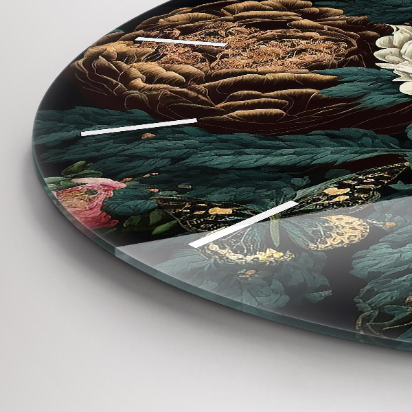 Round glass clock Flower and golden butterflies