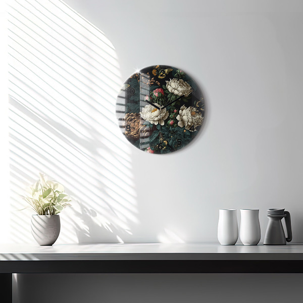 Round glass clock Flower and golden butterflies