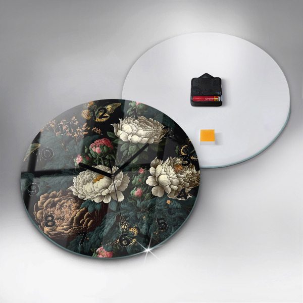 Round glass clock Flower and golden butterflies