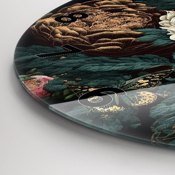 Round glass clock Flower and golden butterflies
