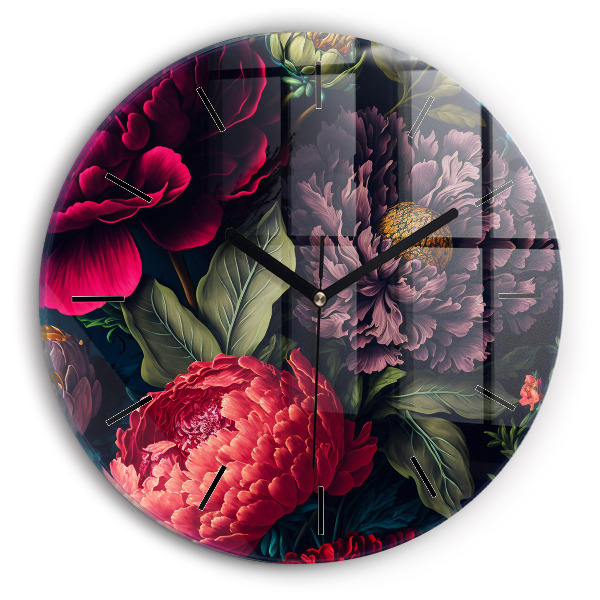Round glass clock Vintage flower bouquet