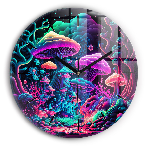 Round glass clock Neon mushrooms