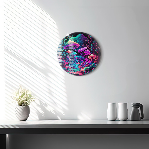 Round glass clock Neon mushrooms
