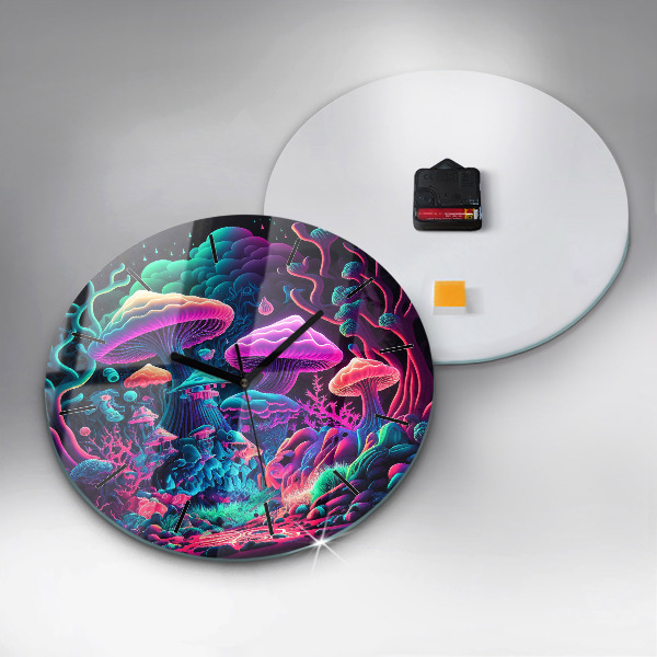 Round glass clock Neon mushrooms