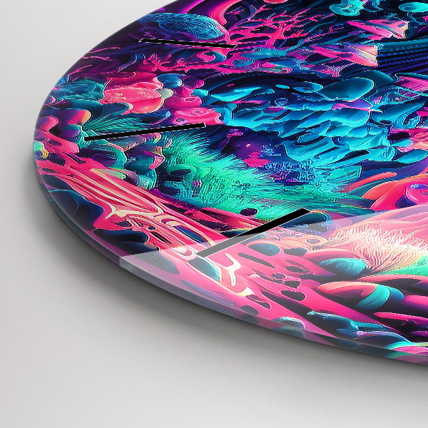 Round glass clock Neon mushrooms