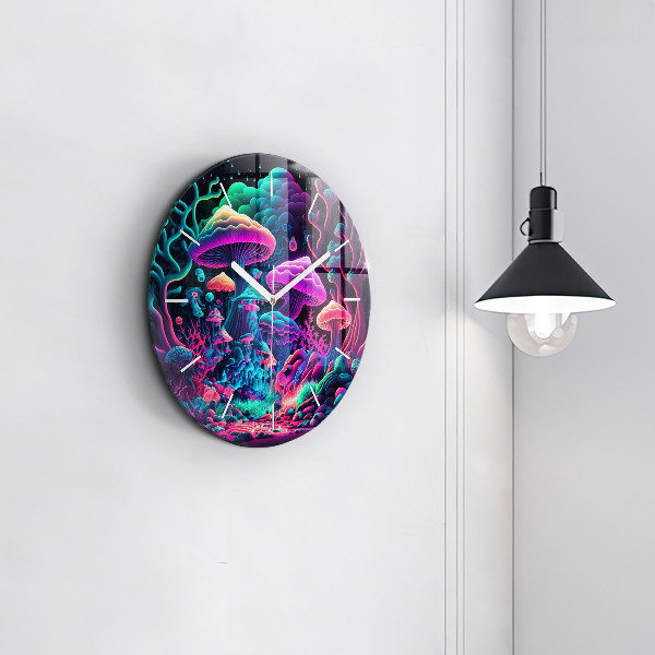 Round glass clock Neon mushrooms