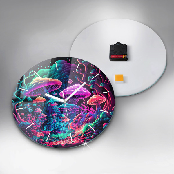 Round glass clock Neon mushrooms
