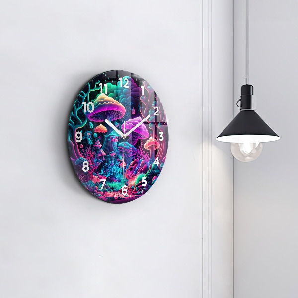Round glass clock Neon mushrooms