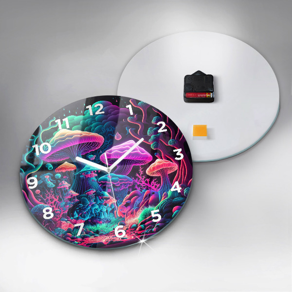Round glass clock Neon mushrooms