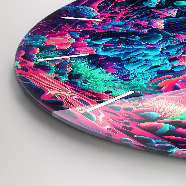 Round glass clock Neon mushrooms