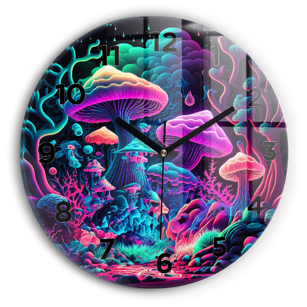 Round glass clock Neon mushrooms