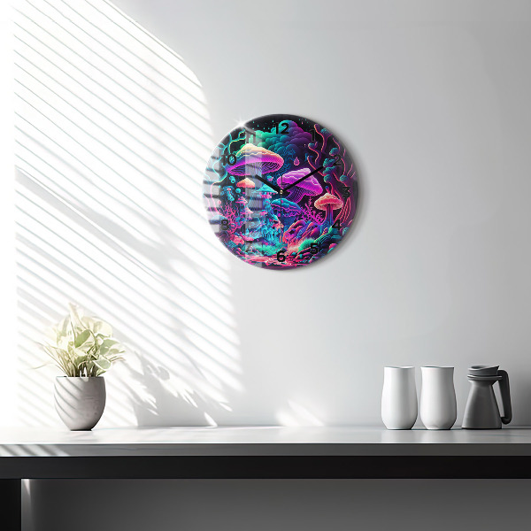 Round glass clock Neon mushrooms