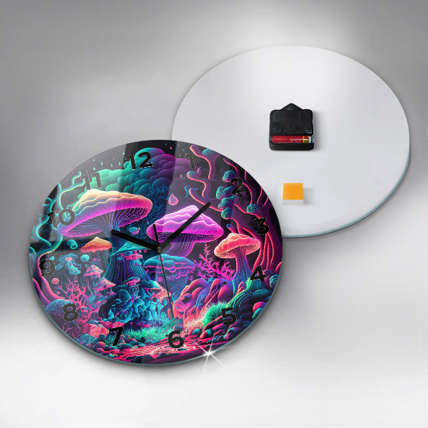 Round glass clock Neon mushrooms