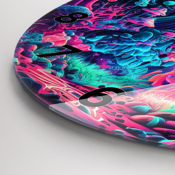 Round glass clock Neon mushrooms